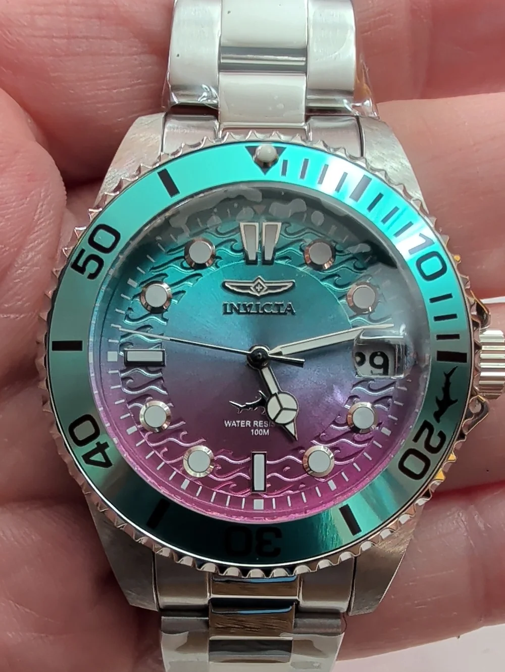 NWT Invicta Pro Diver 34mm Women’s Stainless Steel Watch Teal & Pink Ombre Dial